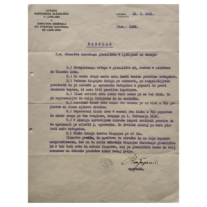 49. Oton Župančič - Uradno dopis upravnika narodnega gledališča v Ljubljani.