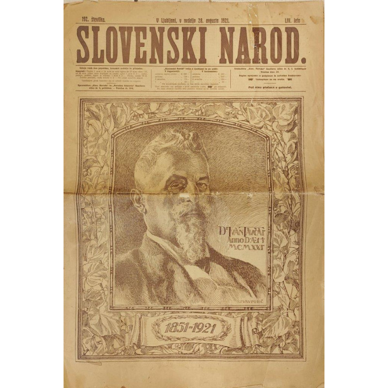 177. Slovenski narod 28. avgust 1921 - številka posvečena dr. Ivanu Tavčarju